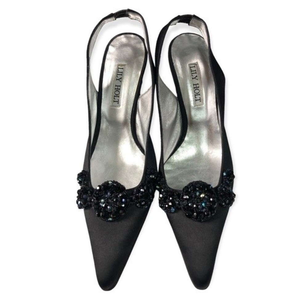 Lily Holt Vintage Black Satin Beaded Pointy Slingback Pumps